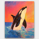 Painting of an orca whale leaping out of water with a colorful sunset background