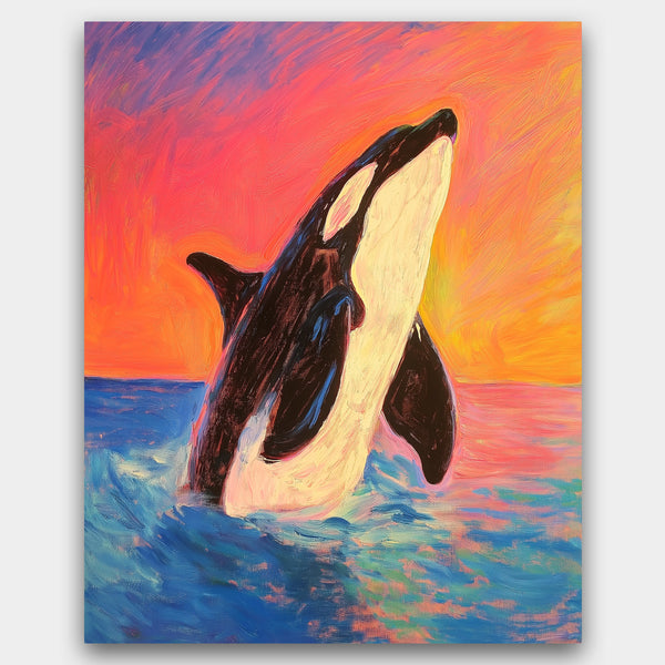 Painting of an orca whale leaping out of water with a colorful sunset background