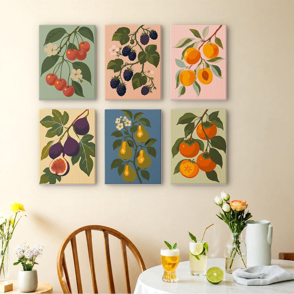 Orchard Harvest mini paintings displayed as a gallery wall in a sunny kitchen