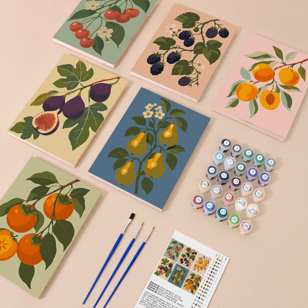 Orchard Harvest mini paint by numbers kit with six numbered canvases, acrylic paints, brushes and layout