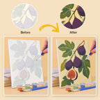 Before and after of an Orchard Harvest mini paint by numbers canvas