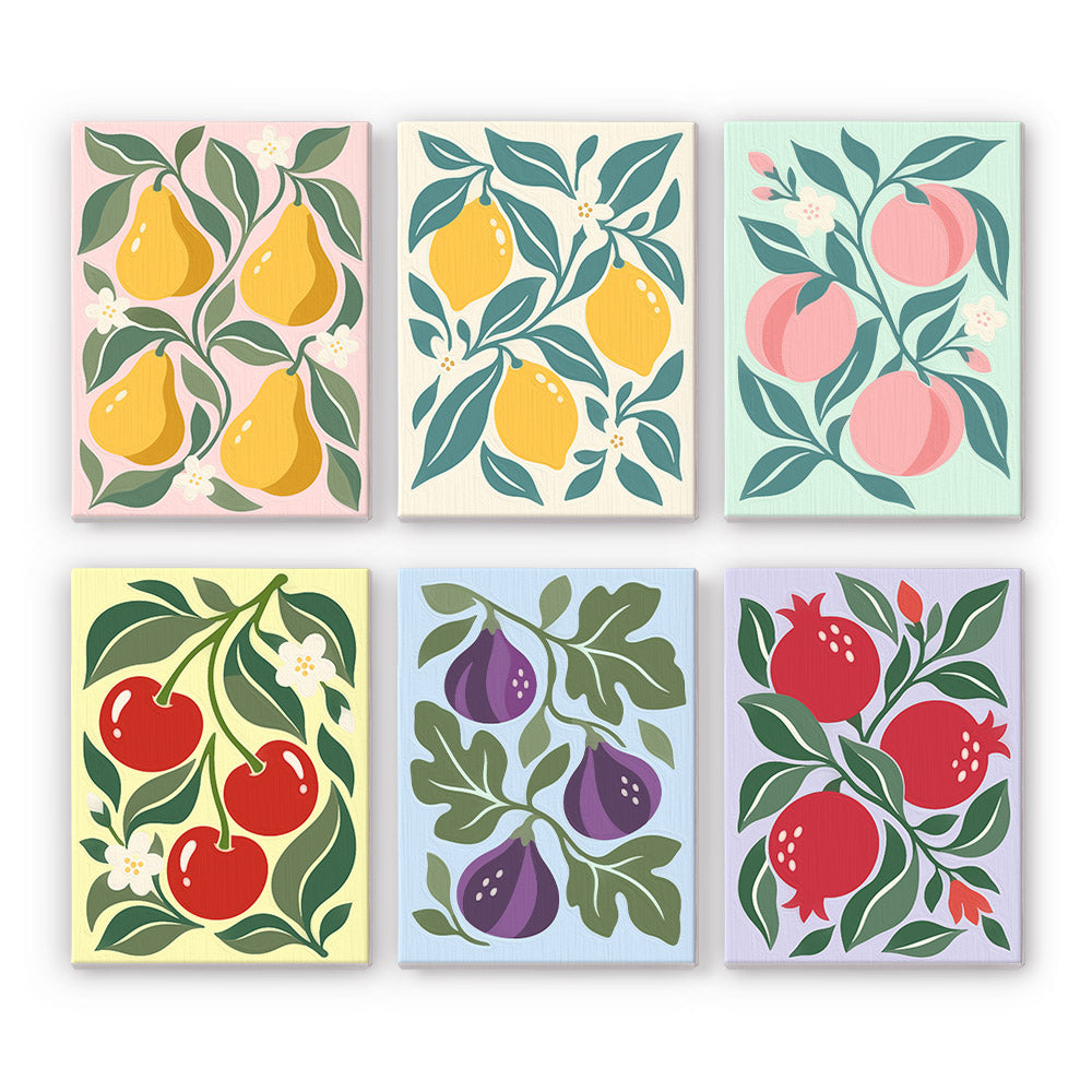 Orchard Prints mini paint by numbers set: six botanical prints of pears, lemons, peaches, cherries, figs and pomegranates
