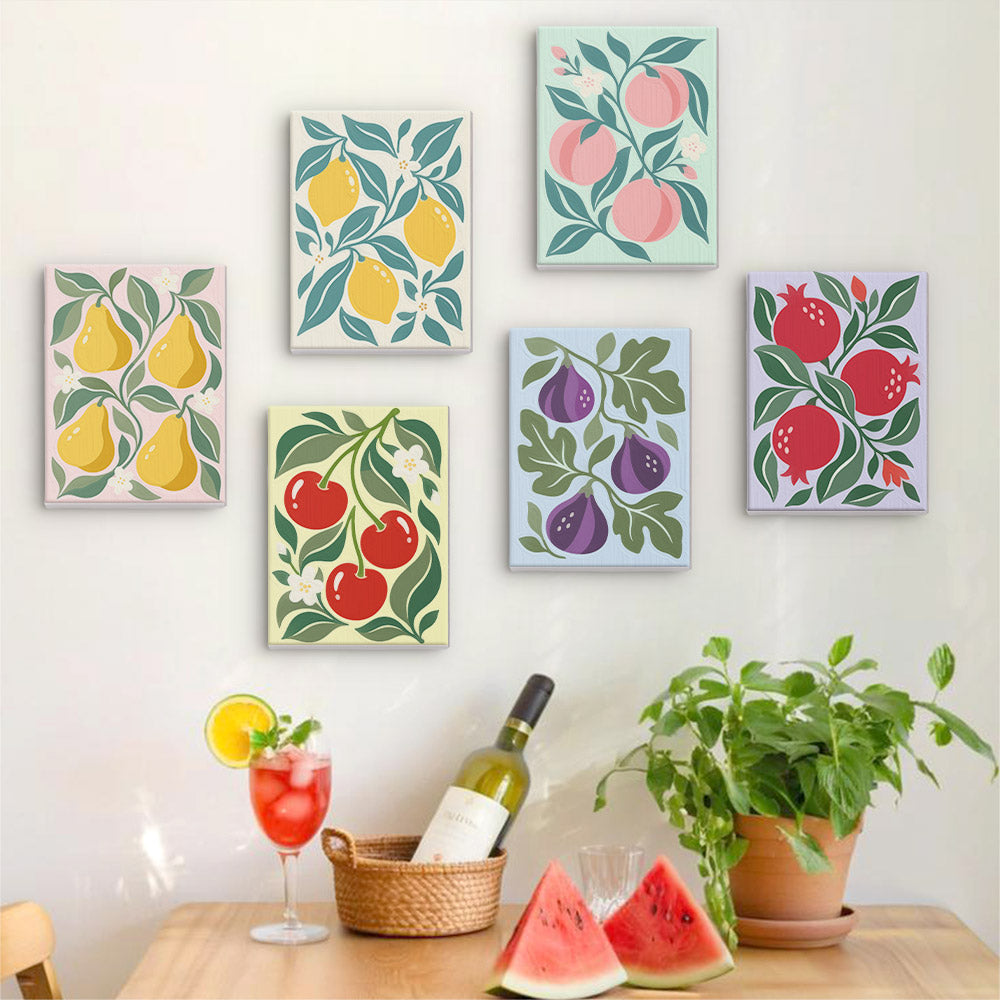Six finished Orchard Prints mini paintings hung on a wall above a table