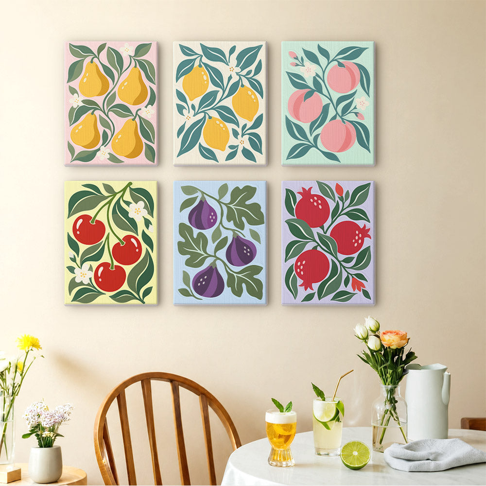 Orchard Prints mini paintings displayed as a gallery wall in a sunny kitchen