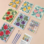 Orchard Prints mini paint by numbers kit with six numbered canvases, acrylic paints, brushes and layout