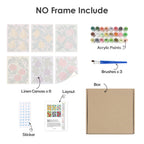 What's included without a frame: six rolled Orchard Prints mini canvases, acrylic paints, three brushes and layout