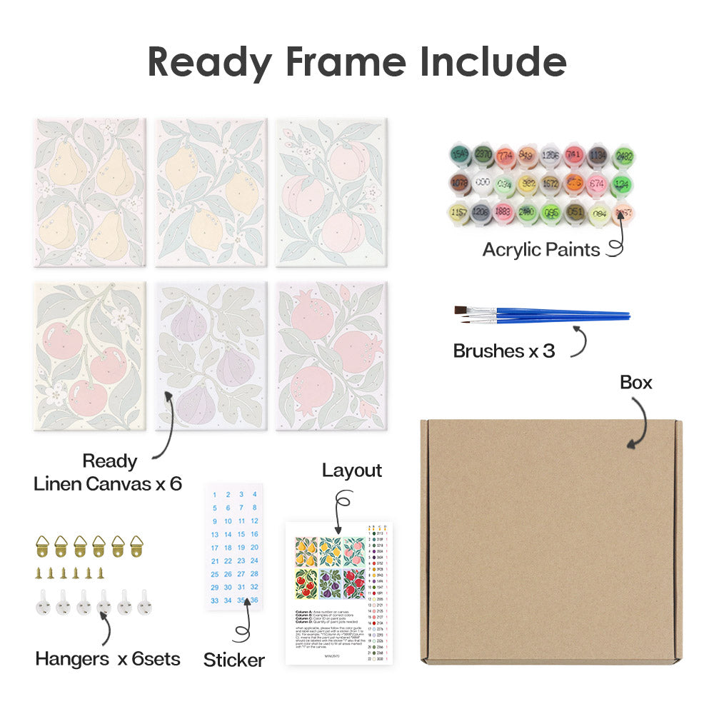 What's included pre-stretched on frame: six framed Orchard Prints mini canvases, paints, three brushes, hangers and layout