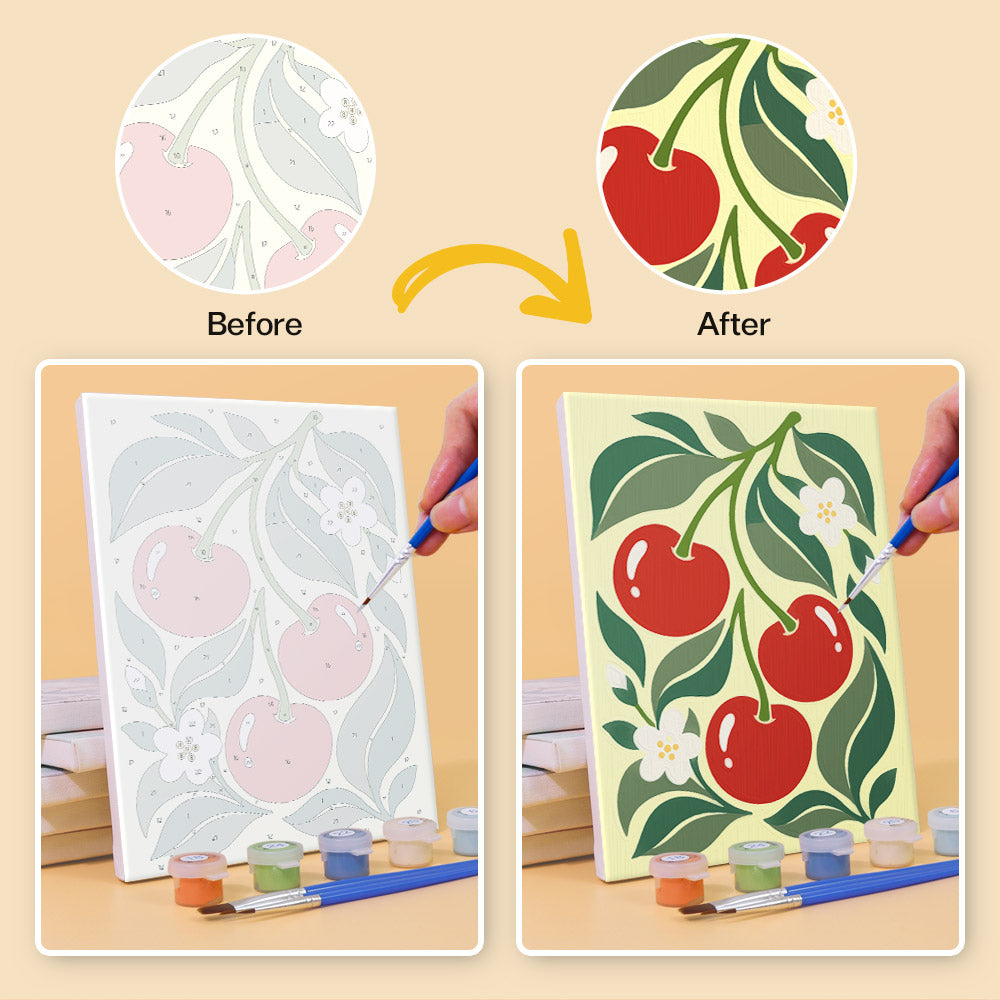 Before and after of an Orchard Prints mini paint by numbers canvas