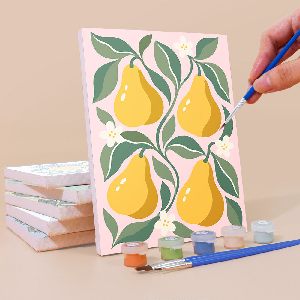 Painting an Orchard Prints mini canvas propped up beside numbered acrylic paints