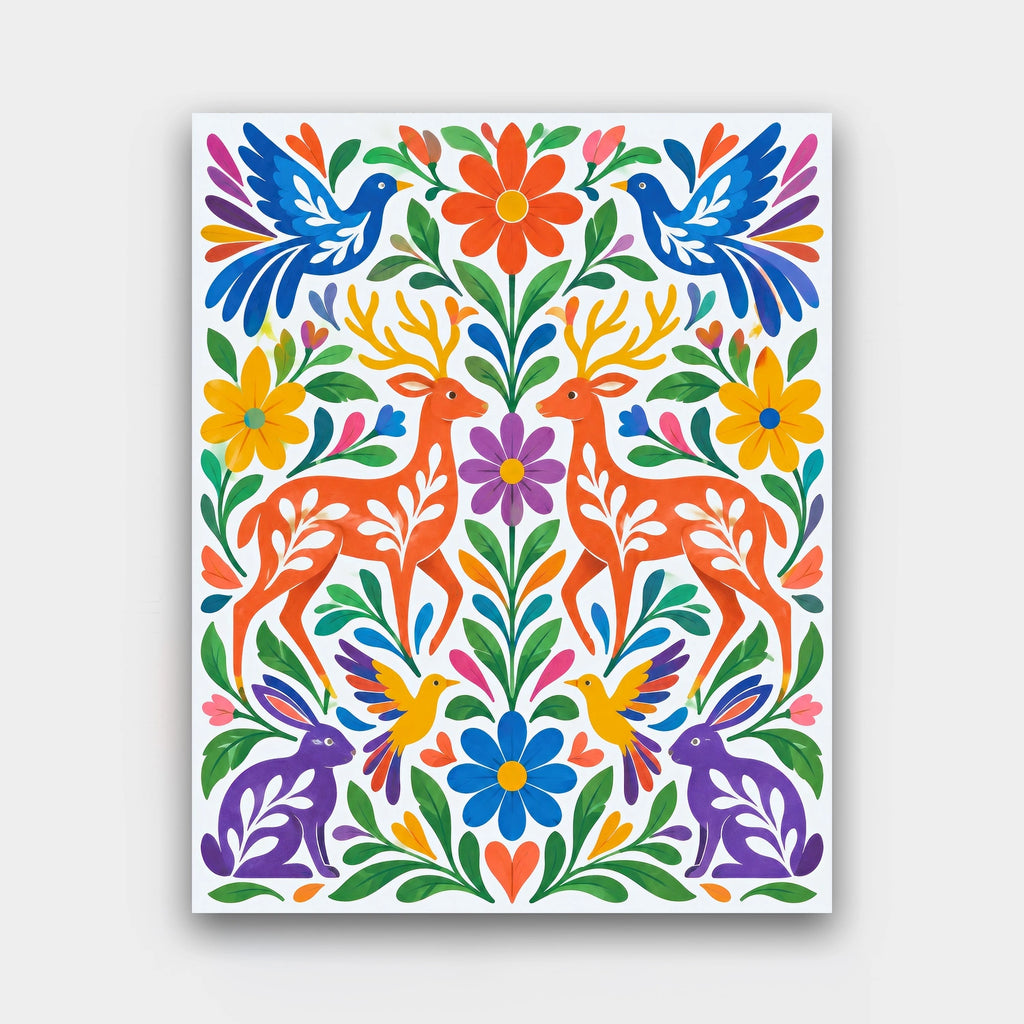 Otomi Garden paint by numbers kit of Otomi-style deer, birds, rabbits and flowers in bright colors on white