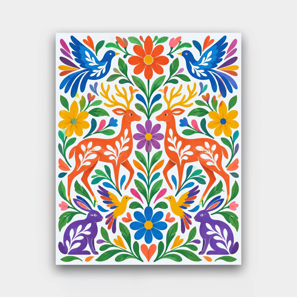 Otomi Garden paint by numbers kit of Otomi-style deer, birds, rabbits and flowers in bright colors on white
