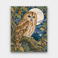 Owl in the Moonlit Oak paint by numbers kit of a tawny owl perched on an oak branch with acorns under a full moon