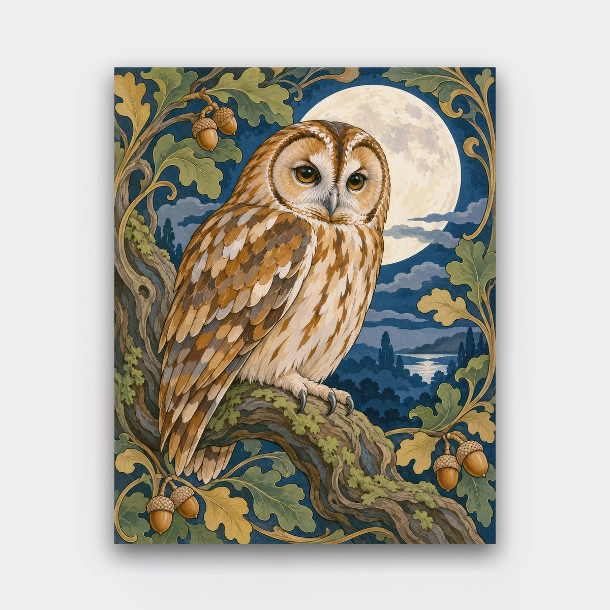 Owl in the Moonlit Oak paint by numbers kit of a tawny owl perched on an oak branch with acorns under a full moon