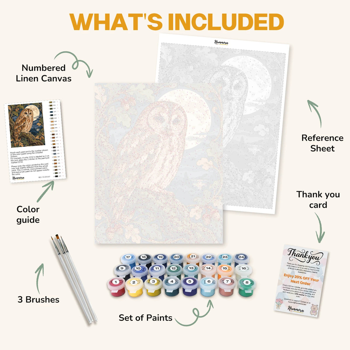 What's included in the Owl in the Moonlit Oak paint by numbers kit: numbered linen canvas, reference sheet, color guide, 24 acrylic paints, 3 brushes and thank you card