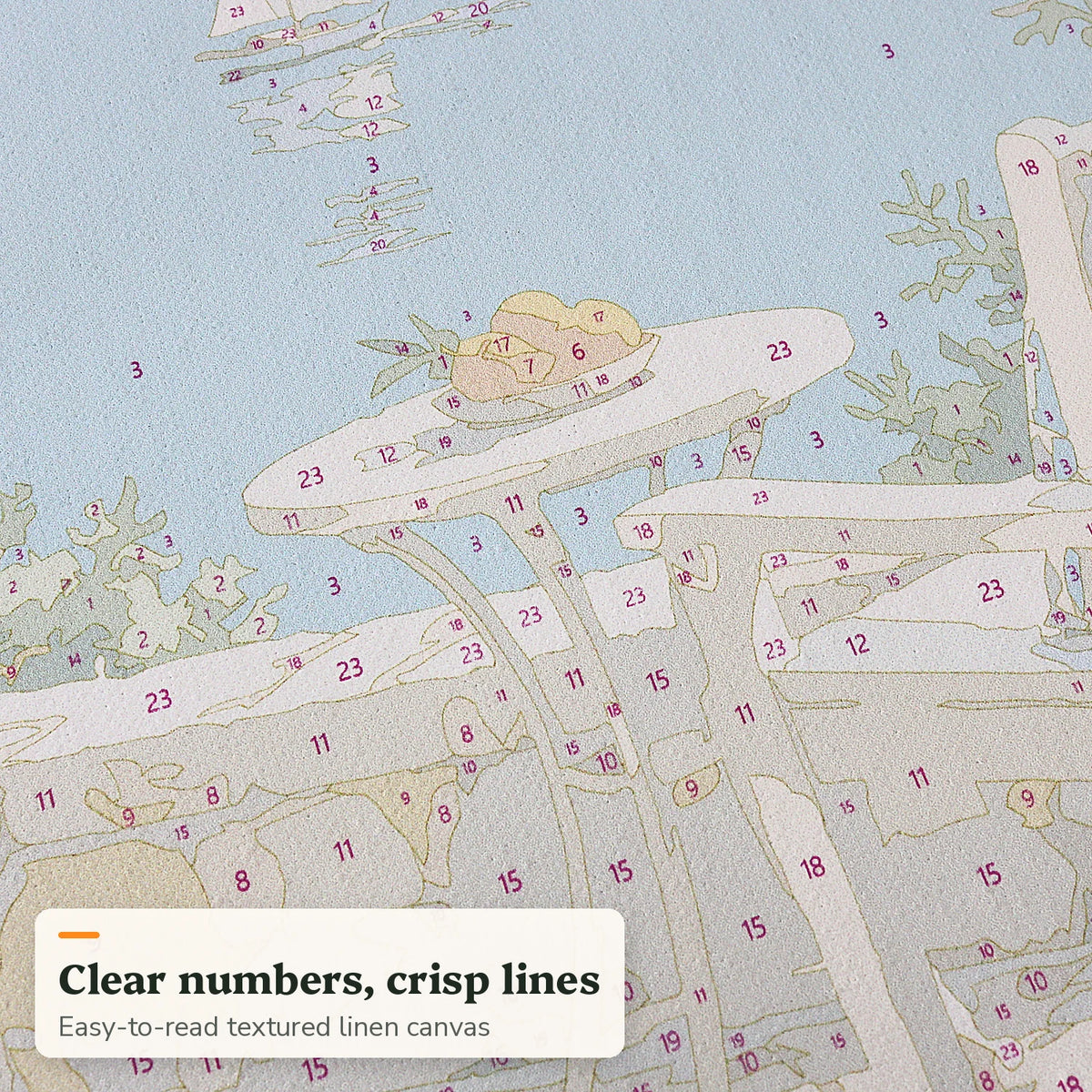 Close-up of a clear numbered linen canvas for paint by numbers
