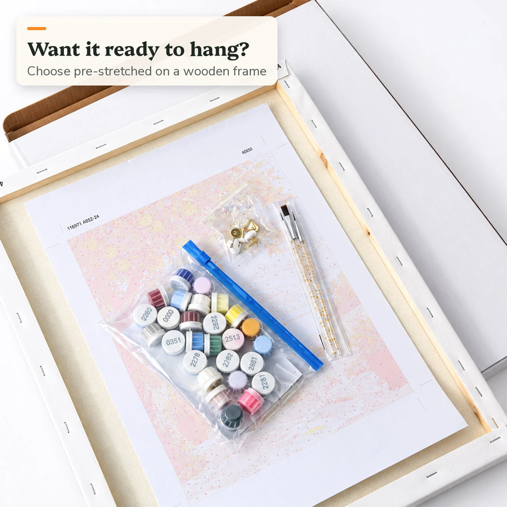Paint by numbers kit pre-stretched on a wooden frame, ready to hang