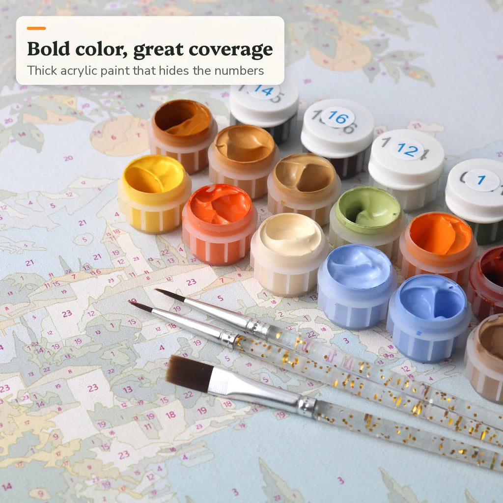 Thick acrylic paint pots for paint by numbers with great coverage that hides the printed numbers