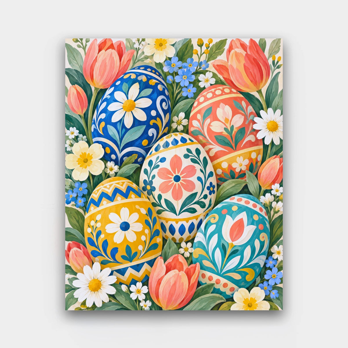 Painted Egg Garden paint by numbers kit of ornately decorated folk-art Easter eggs among tulips, daisies and forget-me-nots
