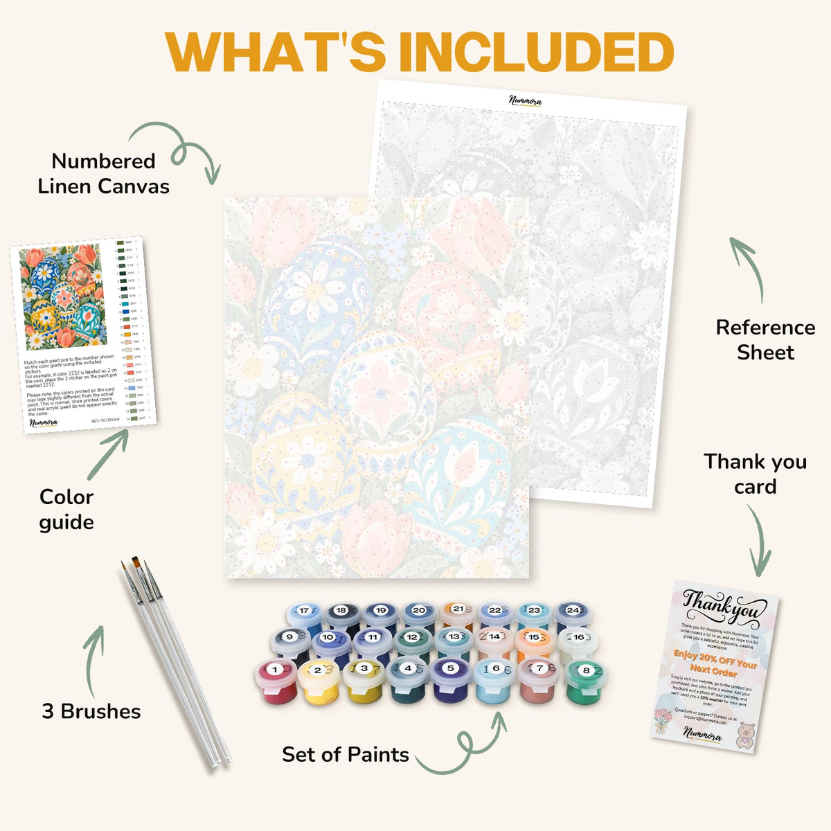 What's included in the Painted Egg Garden paint by numbers kit: numbered linen canvas, reference sheet, color guide, 24 acrylic paints, 3 brushes and thank you card
