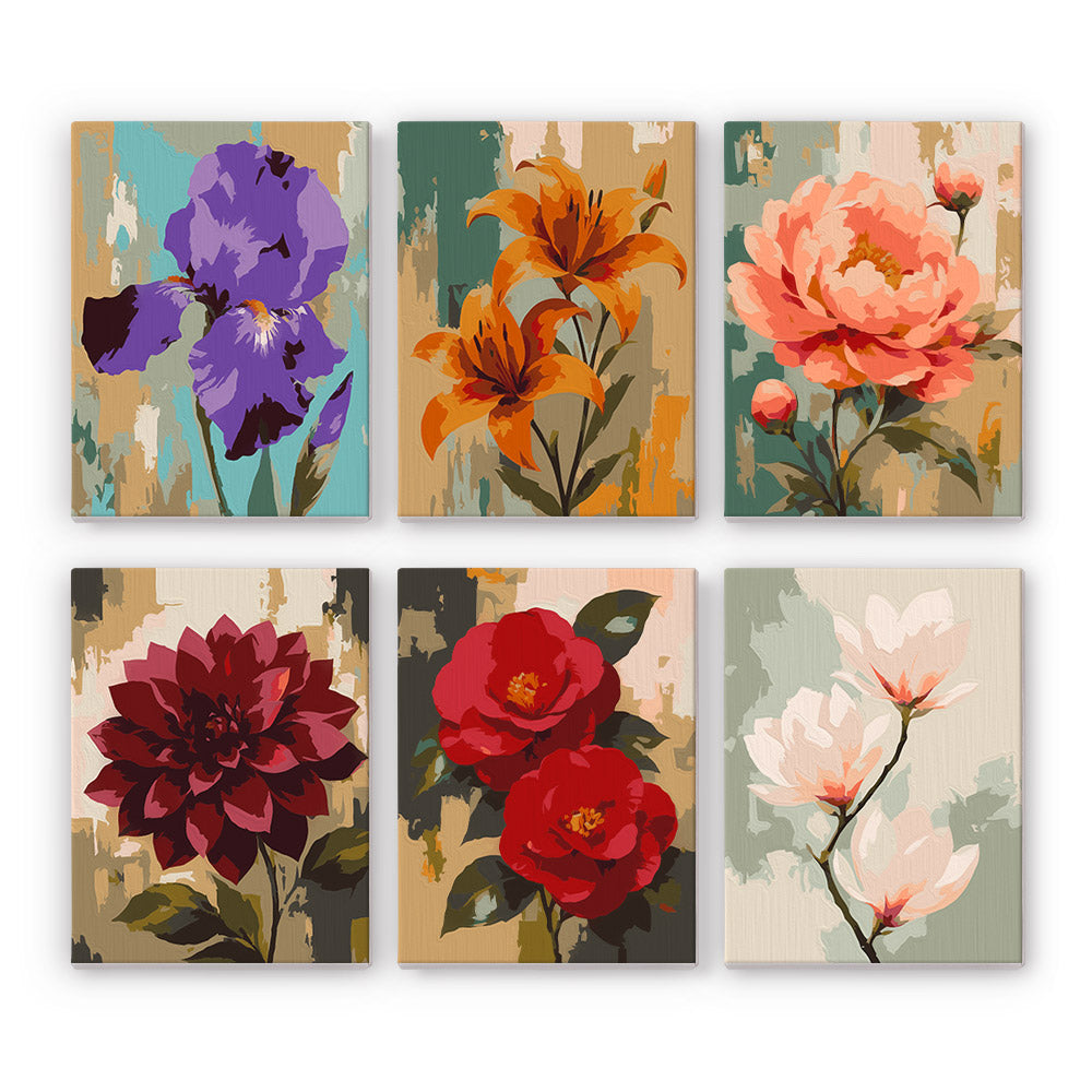 Painterly Blooms mini paint by numbers set: six flowers on textured backgrounds, iris, lily, peony, dahlia, camellia and magnolia