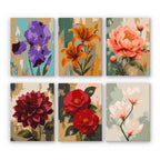Painterly Blooms mini paint by numbers set: six flowers on textured backgrounds, iris, lily, peony, dahlia, camellia and magnolia