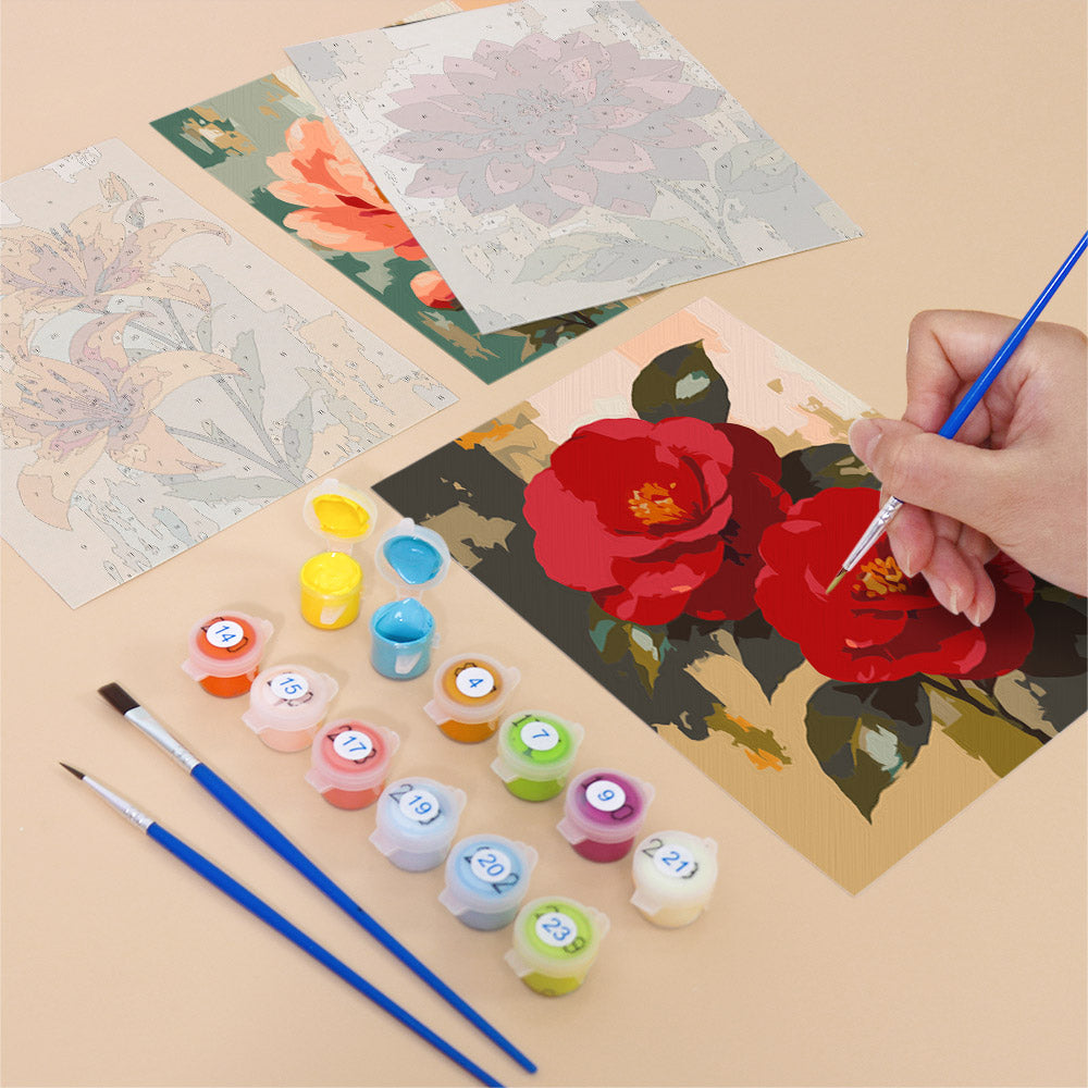 Filling in a Painterly Blooms mini canvas with numbered acrylic paints and a fine brush
