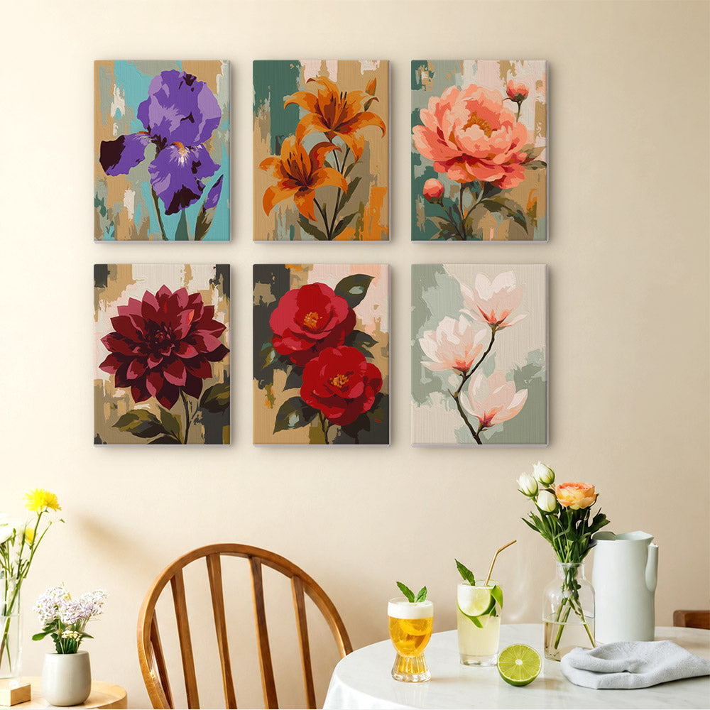 Painterly Blooms mini paintings displayed as a gallery wall in a sunny kitchen