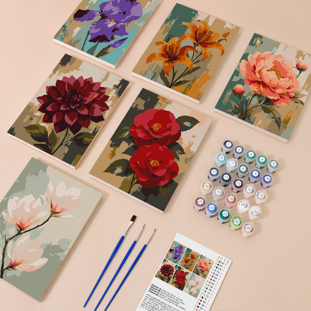 Painterly Blooms mini paint by numbers kit with six numbered canvases, acrylic paints, brushes and layout