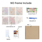 What's included without a frame: six rolled Painterly Blooms mini canvases, acrylic paints, three brushes and layout