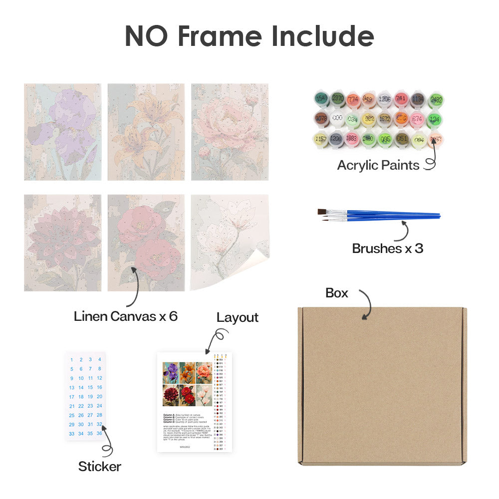 What's included without a frame: six rolled Painterly Blooms mini canvases, acrylic paints, three brushes and layout