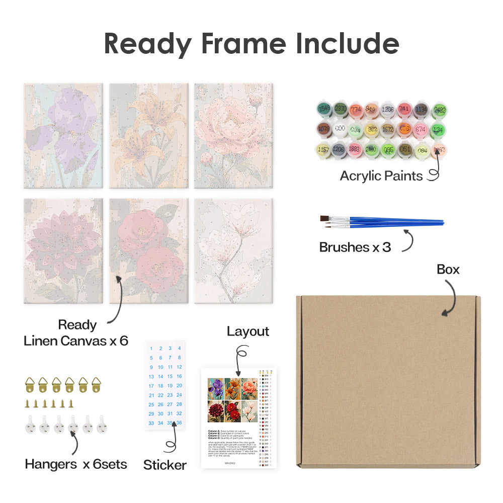 What's included pre-stretched on frame: six framed Painterly Blooms mini canvases, paints, three brushes, hangers and layout