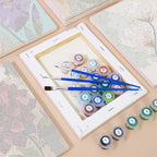Numbered paint pots and brushes on a pre-stretched Painterly Blooms mini canvas