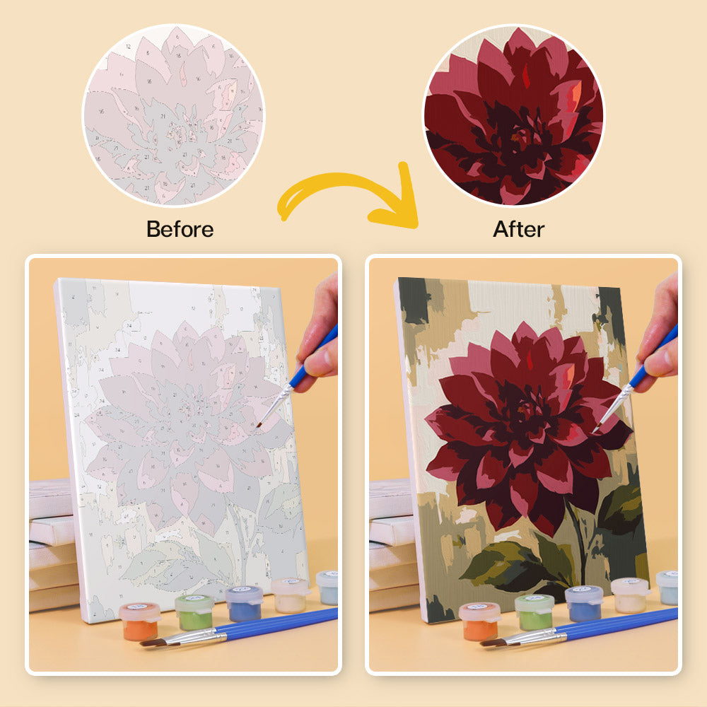 Before and after of a Painterly Blooms mini paint by numbers canvas