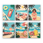 Palm Beach Holiday mini paint by numbers set: six retro beach designs with palms, pool floats, sunbathers and a convertible
