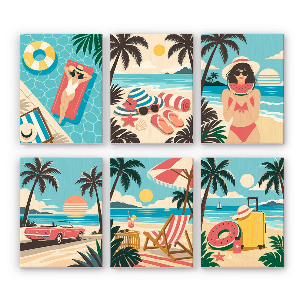 Palm Beach Holiday mini paint by numbers set: six retro beach designs with palms, pool floats, sunbathers and a convertible