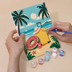 Hand holding a Palm Beach Holiday mini canvas while painting the details