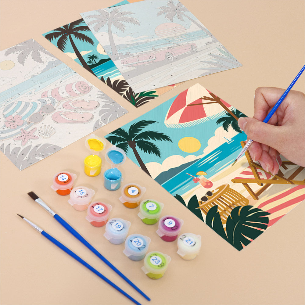 Filling in a Palm Beach Holiday mini canvas with numbered acrylic paints and a fine brush