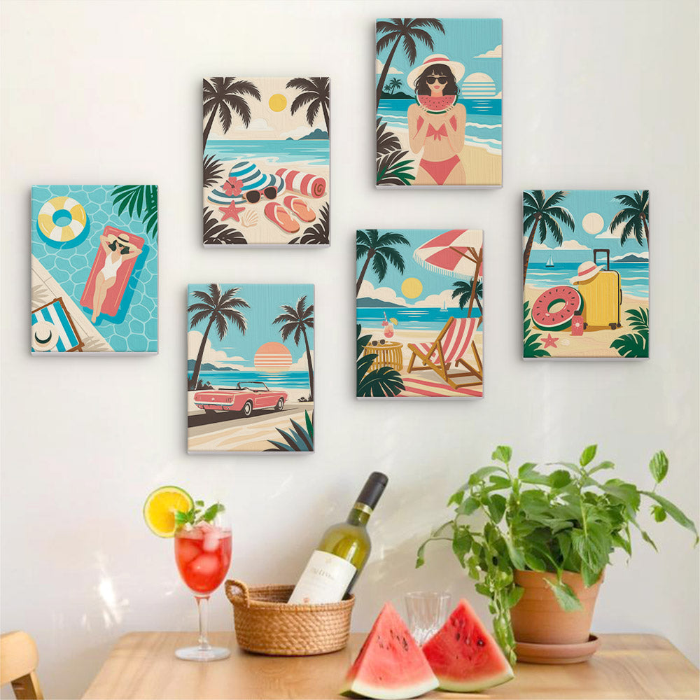 Six finished Palm Beach Holiday mini paintings hung on a wall above a table