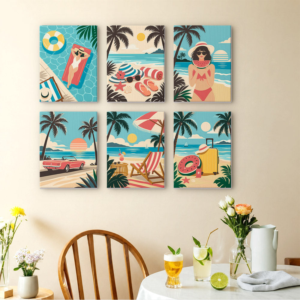 Palm Beach Holiday mini paintings displayed as a gallery wall in a sunny kitchen