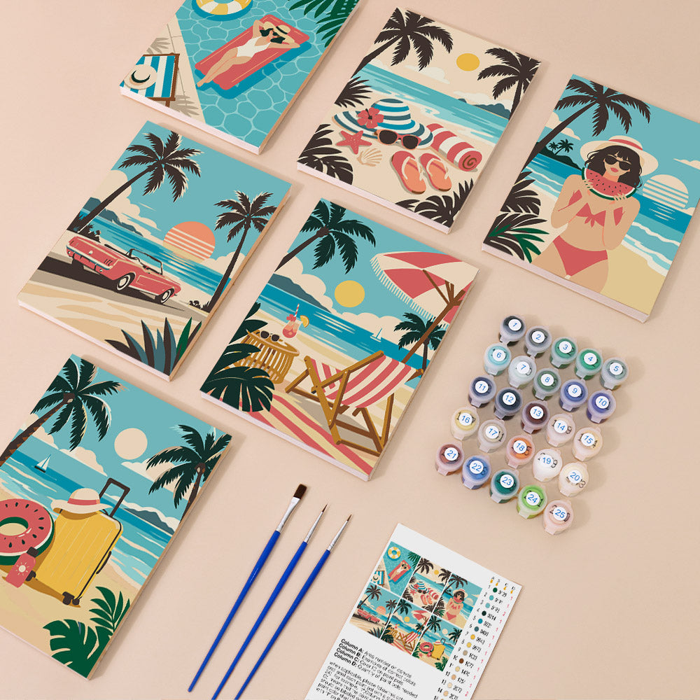 Palm Beach Holiday mini paint by numbers kit with six numbered canvases, acrylic paints, brushes and layout