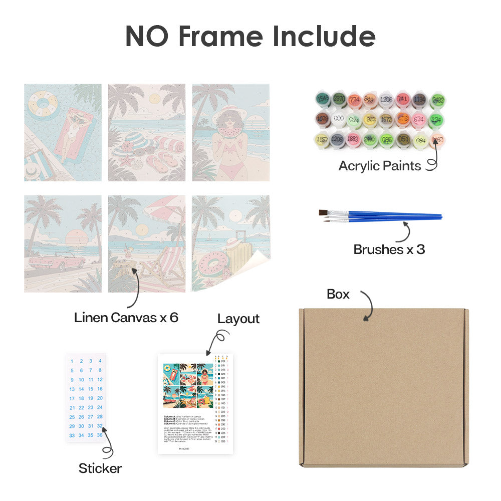 What's included without a frame: six rolled Palm Beach Holiday mini canvases, acrylic paints, three brushes and layout