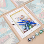 Numbered paint pots and brushes on a pre-stretched Palm Beach Holiday mini canvas