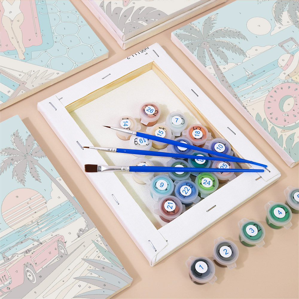 Numbered paint pots and brushes on a pre-stretched Palm Beach Holiday mini canvas
