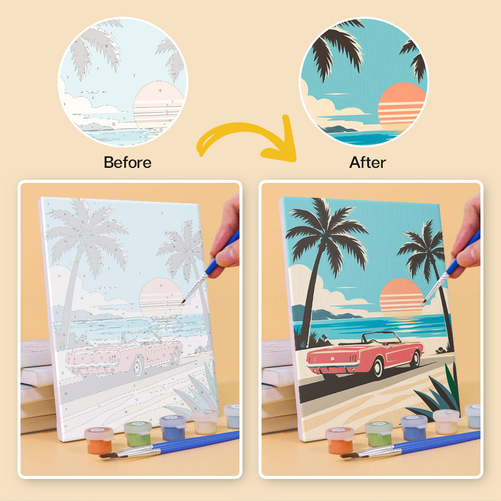 Before and after of a Palm Beach Holiday mini paint by numbers canvas