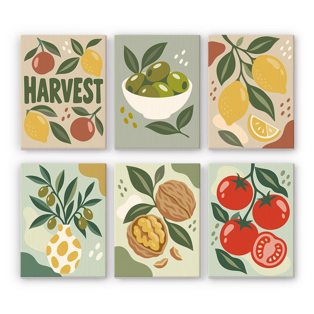 Pantry Harvest mini paint by numbers set: six designs of a Harvest sign, olives, lemons, olive branch vase, walnuts and tomatoes