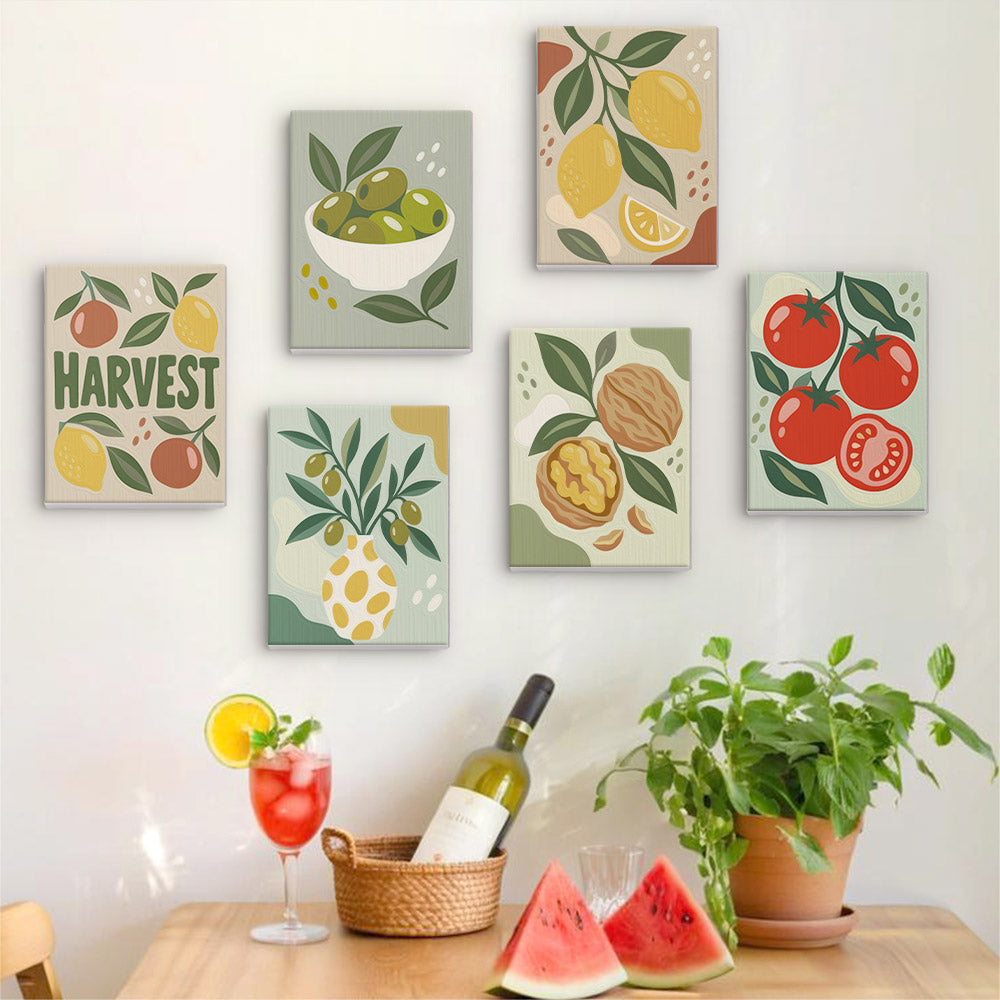 Six finished Pantry Harvest mini paintings hung on a wall above a table