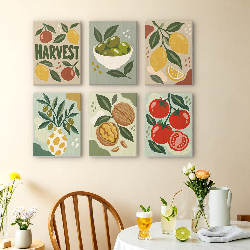 Pantry Harvest mini paintings displayed as a gallery wall in a sunny kitchen
