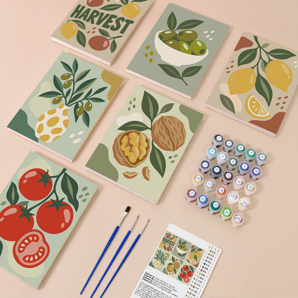 Pantry Harvest mini paint by numbers kit with six numbered canvases, acrylic paints, brushes and layout