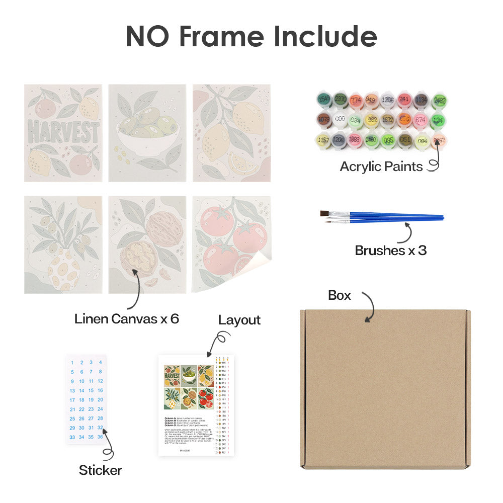 What's included without a frame: six rolled Pantry Harvest mini canvases, acrylic paints, three brushes and layout