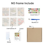 What's included without a frame: six rolled Pantry Harvest mini canvases, acrylic paints, three brushes and layout